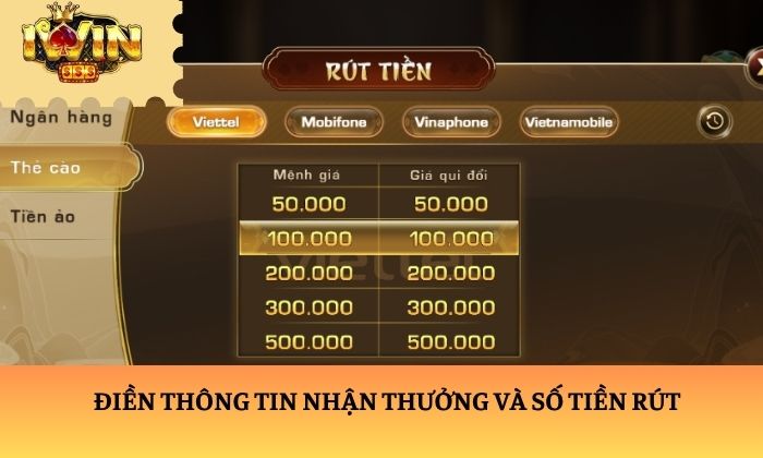 Điền thông tin nhận thưởng và số tiền rút